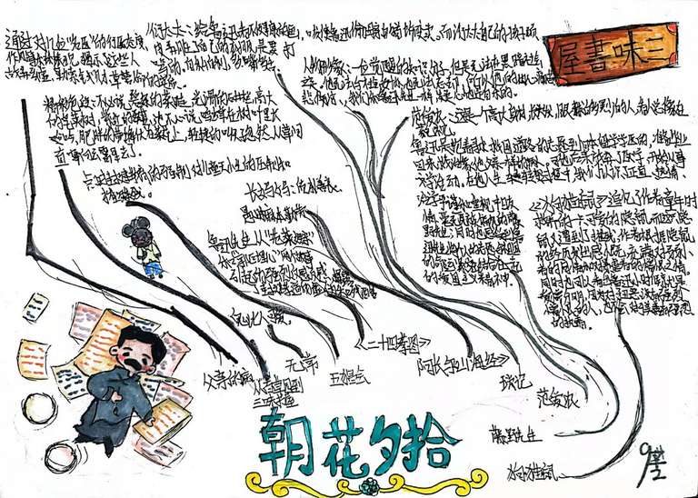 7303作者：王梓鑫，介绍：《从百草园到三味书屋》三味书屋的牌匾令我对它感受特别不一般，因为寿镜吾先生的方正、质朴，让我对他是一种和鲁迅先生对他一样的敬佩的的感情，所以将三味书屋的牌匾画在右上角。左下角的鲁迅先生是躺在纸上的，纸上都是他的一些文章，鲁迅先生在写文章时疲倦了，但他还在写，最后他就瘫倒在许多纸上，手上还拿着＂划破迂腐社会的匕首＂，一个为人民觉醒而废寝忘食的形象就被我画在了纸上。