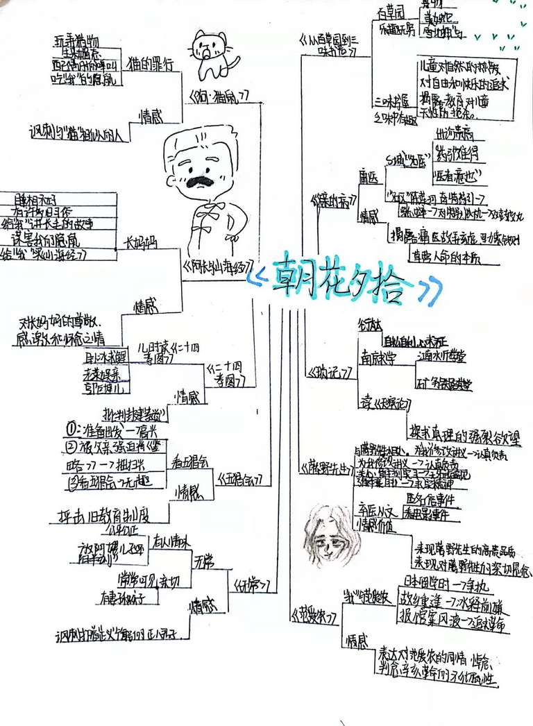 7304作者：章若曦，介绍：这里对《朝花夕拾》的十篇文章进行梳理，分析了内容和情感。并画上我理解的鲁迅的模样，在犀利批判的文字里中也能深刻反应他的幽默性格。写出的文章既理性也有诗情画意。画面中的范爱农眼球白多很少，看人总在渺视，跟书中描写神似。