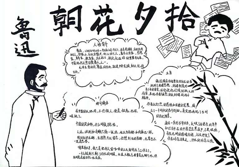 7504作者：叶隽妤，介绍：《朝花夕拾·小鲁迅与大鲁迅》画中有两个鲁迅，一个是老年时期的鲁迅，一个是无忧无虑在写作的鲁迅，整体风格为黑白调。