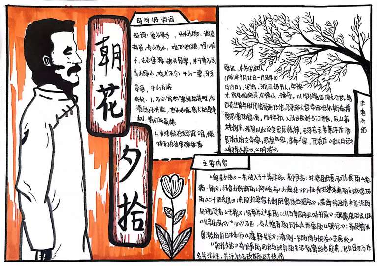 7505作者：周育婷，介绍：《朝花夕拾》的作者是鲁迅，所以我在手抄报上画了一个鲁迅。然后在鲁迅边上写“朝花夕拾”的标题。最后，我用棕色的马克笔以条纹的形式画背景，可以突出鲁迅所在书房的书意。