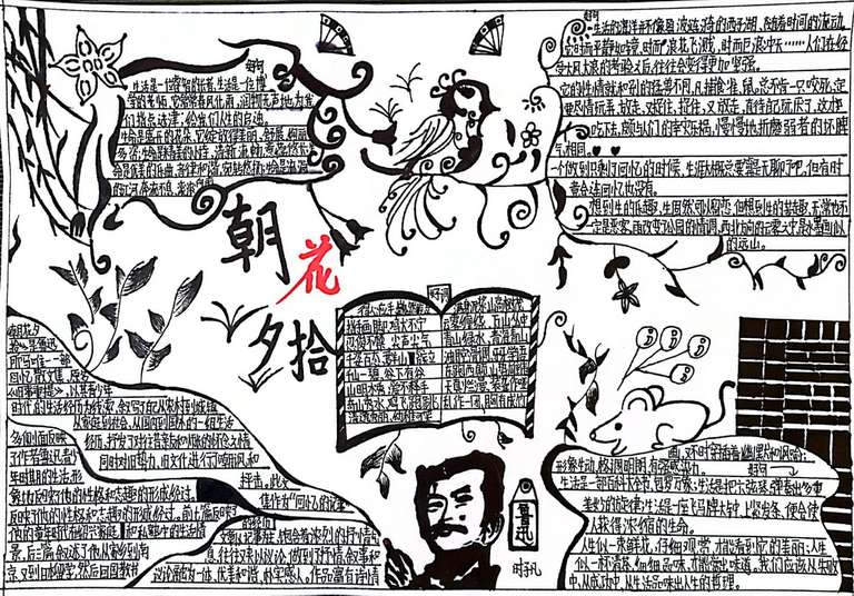 7603作者：时子凡，介绍：整体构图对应了《朝花夕拾》中的各个故事，如：右下角的老鼠对应《狗·猫·鼠》一则故事；上面鸟儿站在枝头象征着生机勃勃，对应着百草园，也对应着《从百草园到三味书屋》。因为我认为以景物来衬托出一篇篇文章往往比文字更加深刻。